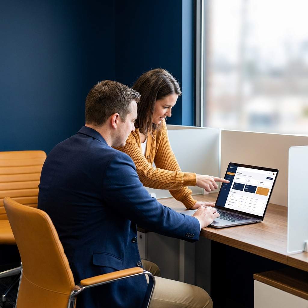 A software vendor's partnerships lead and a partner's product manager reviewing a rebranding and margin agreement on a laptop showing a white-labeled interface, deep navy and warm amber palette