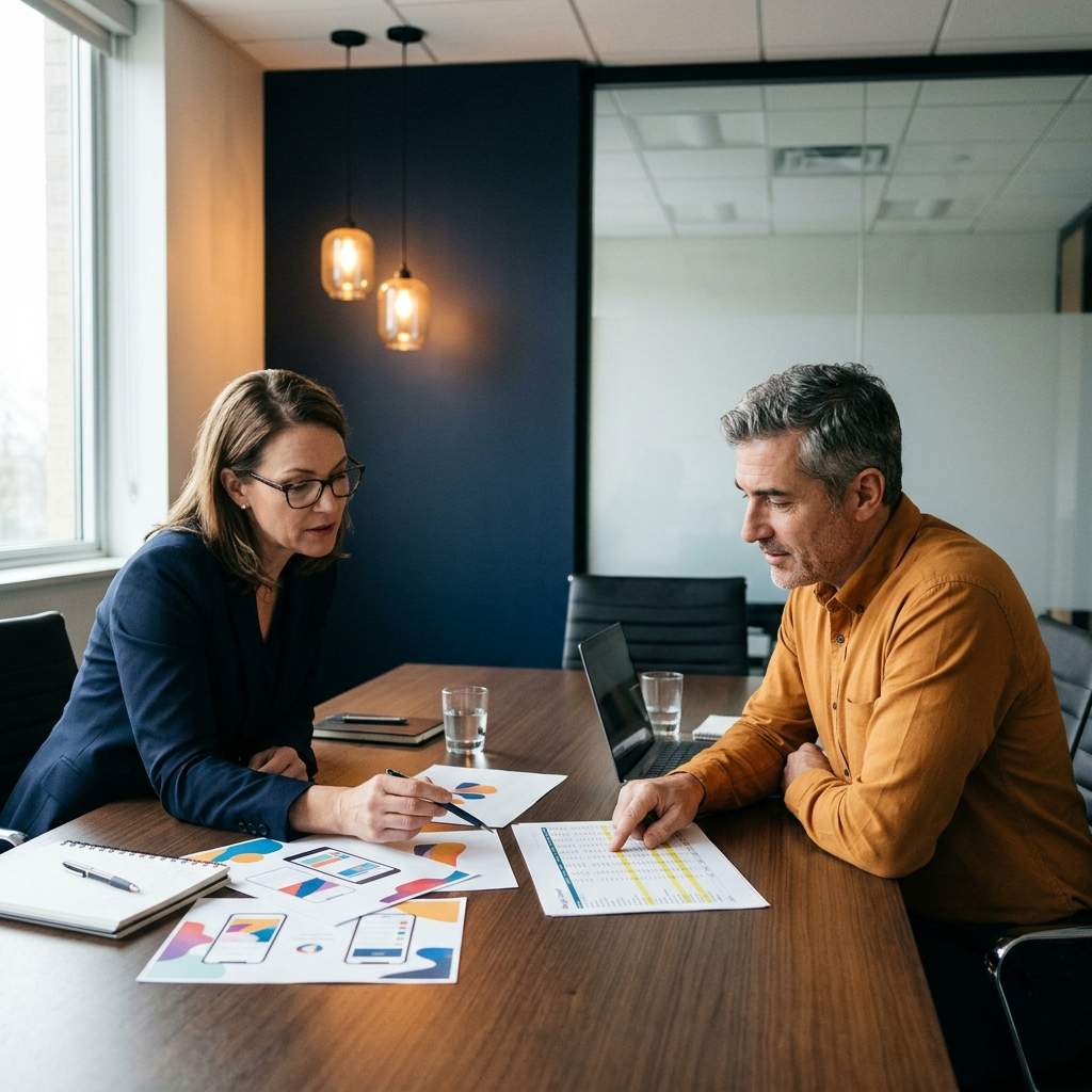 A vendor partnerships lead and a reseller executive reviewing a rebranded product mockup and a margin sheet across a conference table, deciding who owns support, deep navy and warm amber palette