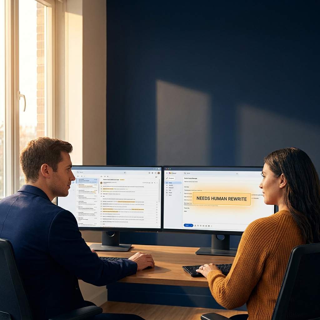 Two coworkers sit at a desk with dual monitors, one screen showing a highlighted message: 'NEEDS HUMAN REWRITE' in an office setting.