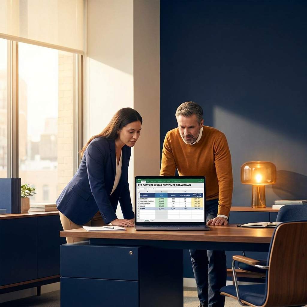A demand-gen manager and a CFO reviewing a b2b cost per lead breakdown by channel on a laptop with a cost-per-customer column added, deep navy and warm amber palette