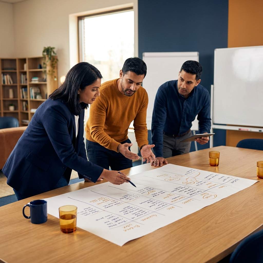 A founder, a sales leader, and a partnerships lead at a table mapping the parts of a go-to-market motion on a single sheet, channels drawn as columns, deep navy and warm amber palette