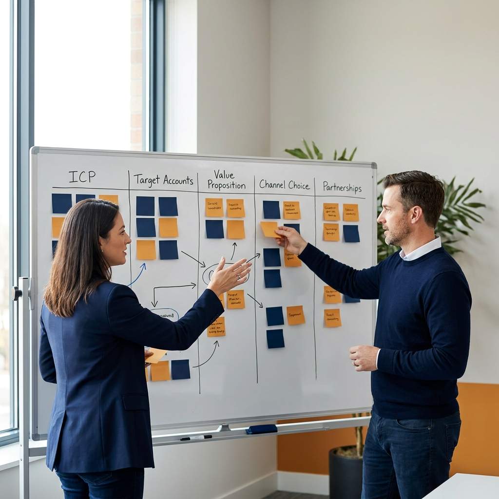 A founder and a revenue leader building a go-to-market plan on a whiteboard, moving from ICP to channel choice with sticky notes, deep navy and warm amber palette
