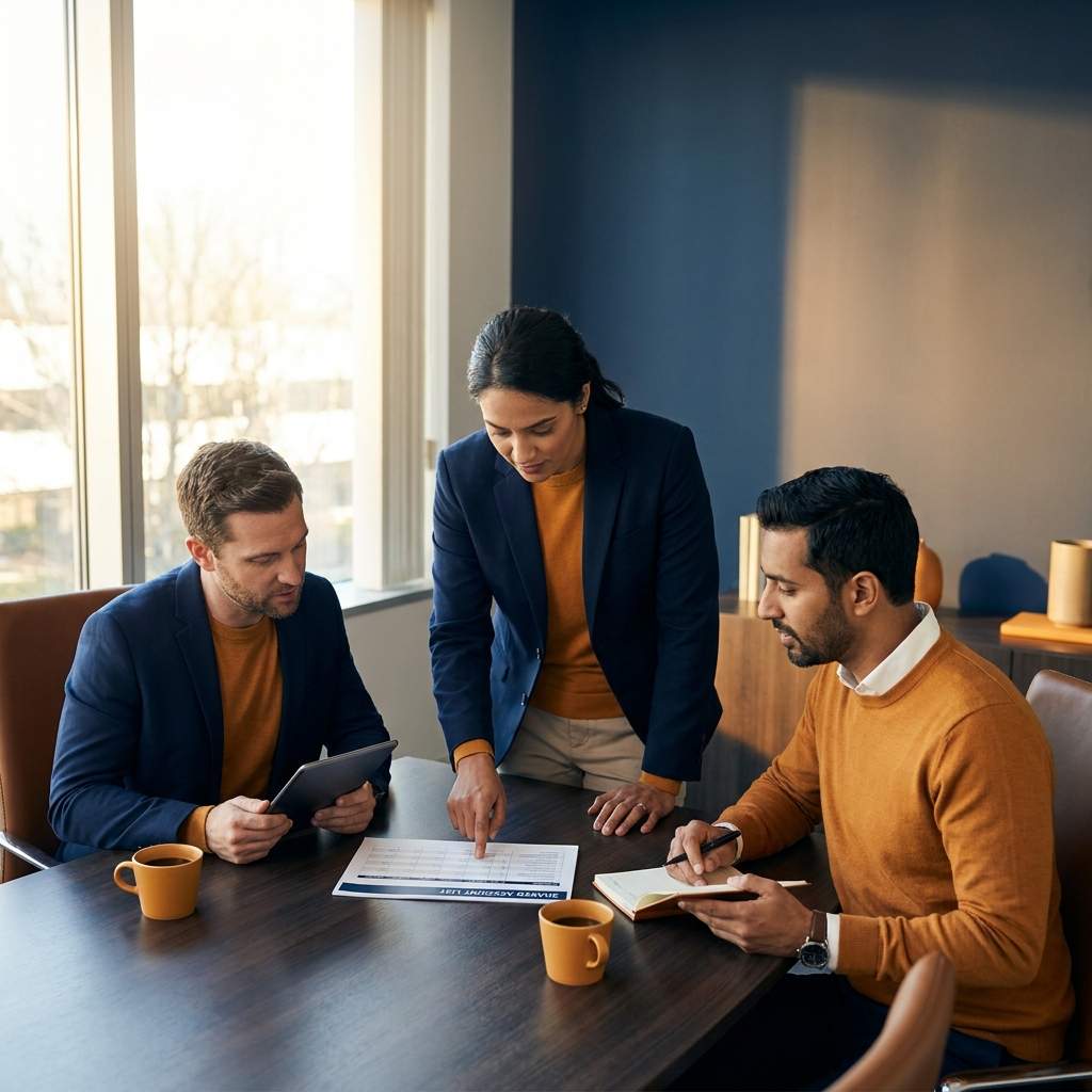 Two AEs from different companies and a partner manager running a co-sell pipeline review with a shared account list on the table, deep navy and warm amber palette