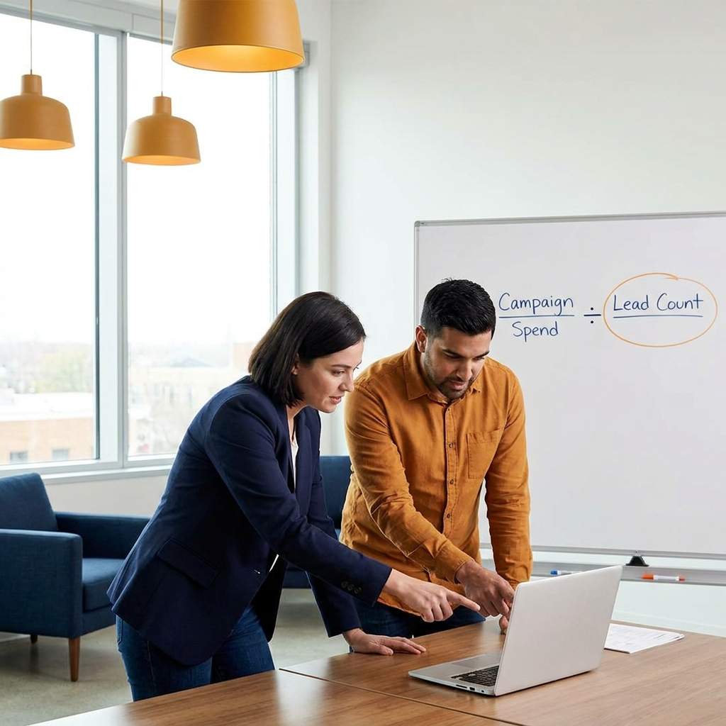 A demand gen manager and a finance partner at a laptop dividing a campaign spend figure by a lead count written on a whiteboard, deep navy and warm amber palette