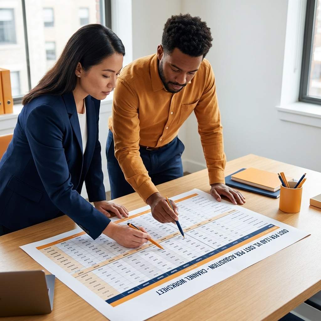 A marketing lead and a finance analyst comparing cost per lead and cost per acquisition side by side on a printed channel worksheet, deep navy and warm amber palette