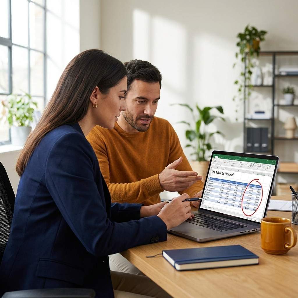 A demand gen leader and a finance partner reviewing a cost-per-lead table by channel on a laptop at a desk, one column circled, deep navy and warm amber palette