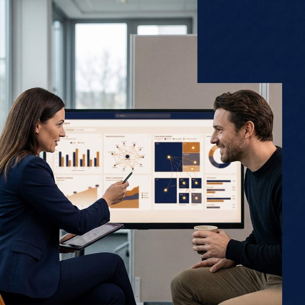 A partnerships lead and an AE reviewing an ecosystem-led pipeline board of overlapping partner accounts with warm intro paths marked, deep navy and warm amber palette