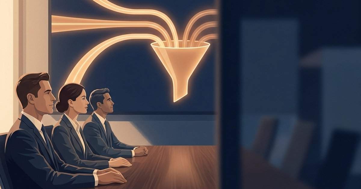 Three business professionals in suits sit at a conference table, watching a glowing funnel diagram on a screen behind them.