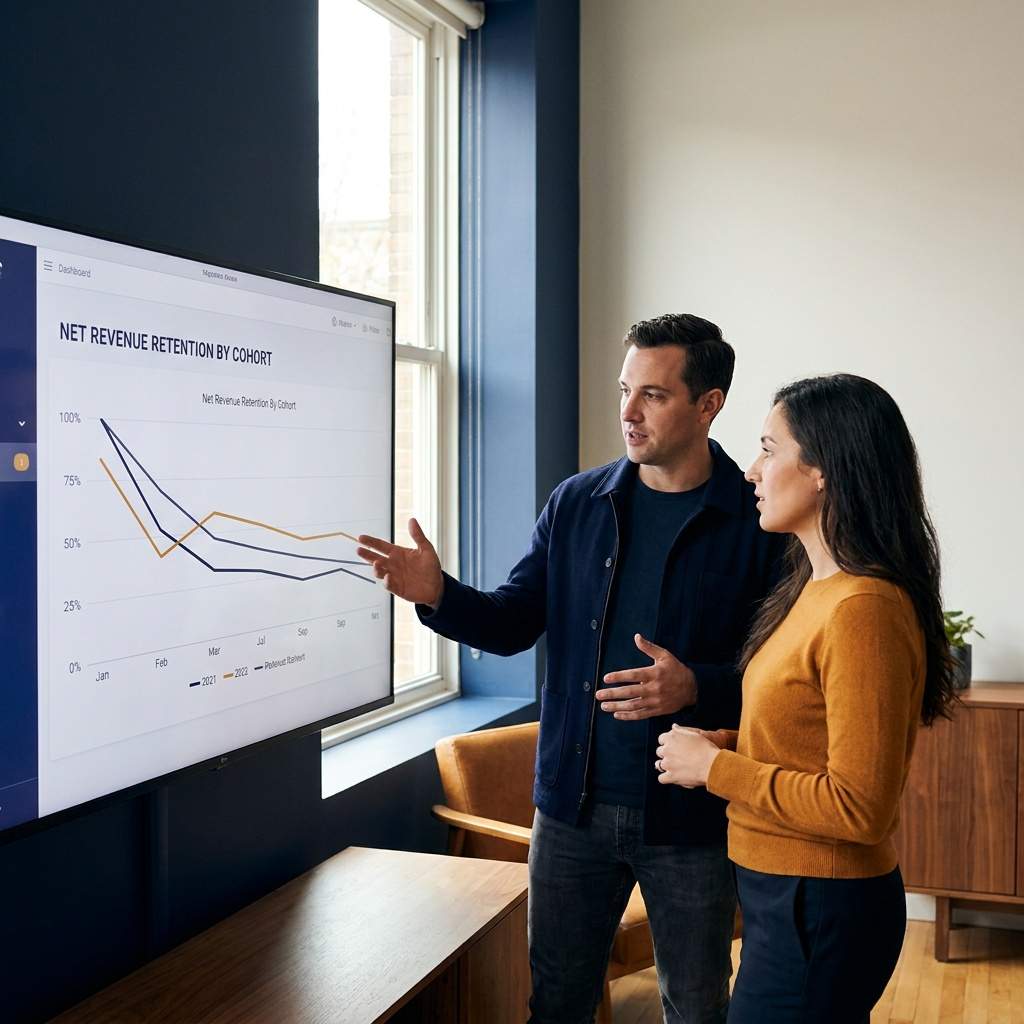 A SaaS founder and a head of sales reviewing a land-and-expand plan on a monitor showing net revenue retention by cohort, deep navy and warm amber palette
