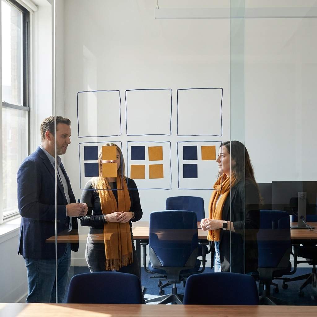 A head of revenue walking two GTM leads through a six-box go to market framework drawn on a glass wall, sticky notes under each box, deep navy and warm amber palette
