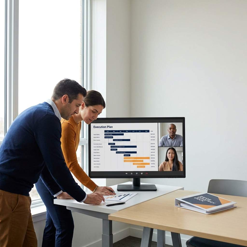 A founder and a go to market advisor reviewing an execution plan with owners and dates on a shared screen, a prior strategy deck set aside, deep navy and warm amber palette