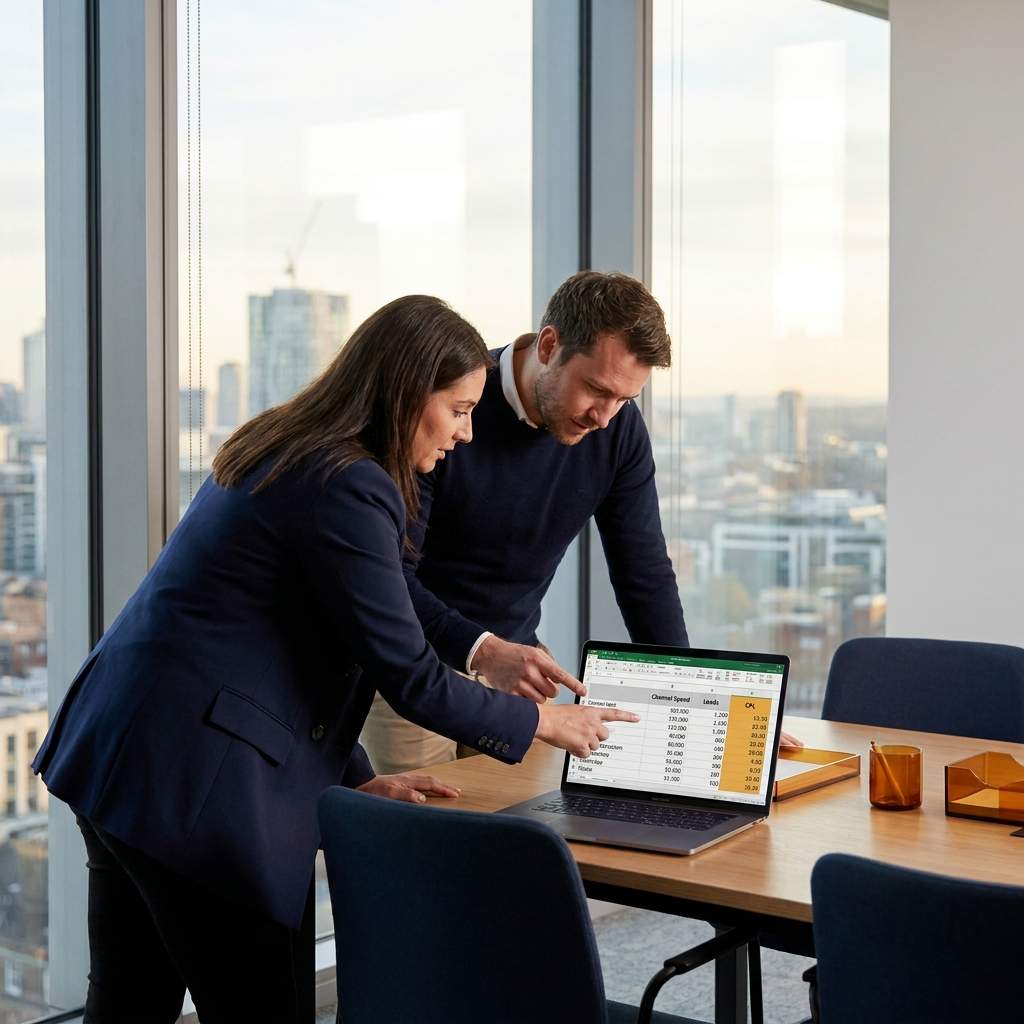 A demand gen analyst showing a marketing manager how to calculate cost per lead on a laptop, a channel spend table with one column divided out, deep navy and warm amber palette