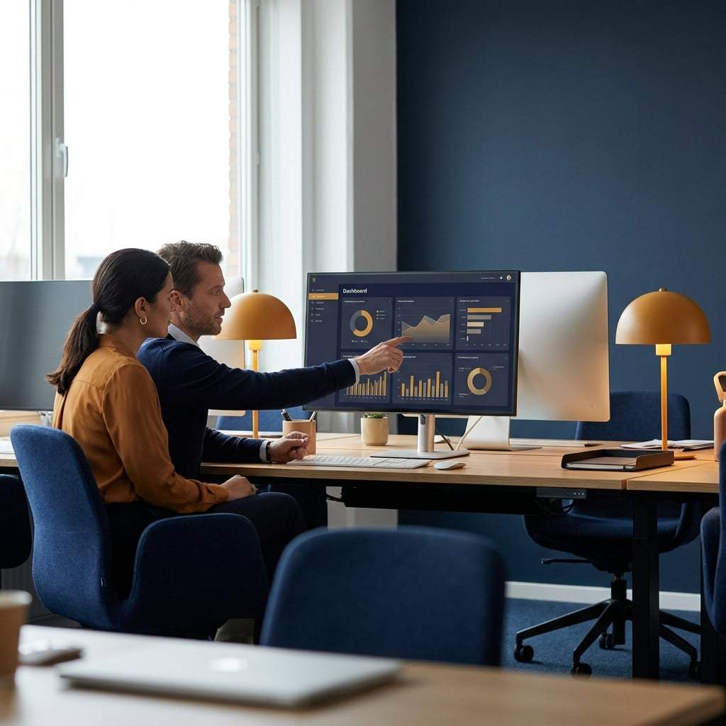 A growth lead and an SDR manager reviewing how to reduce cost per lead on a channel dashboard, reallocating budget toward a warm source, deep navy and warm amber palette