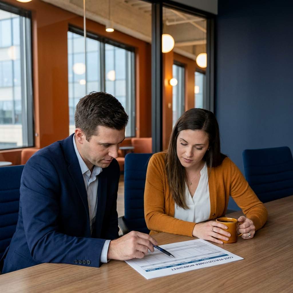 A demand-gen leader and a finance partner comparing lead generation pricing models on a printed cost-per-customer worksheet at a conference table, deep navy and warm amber palette