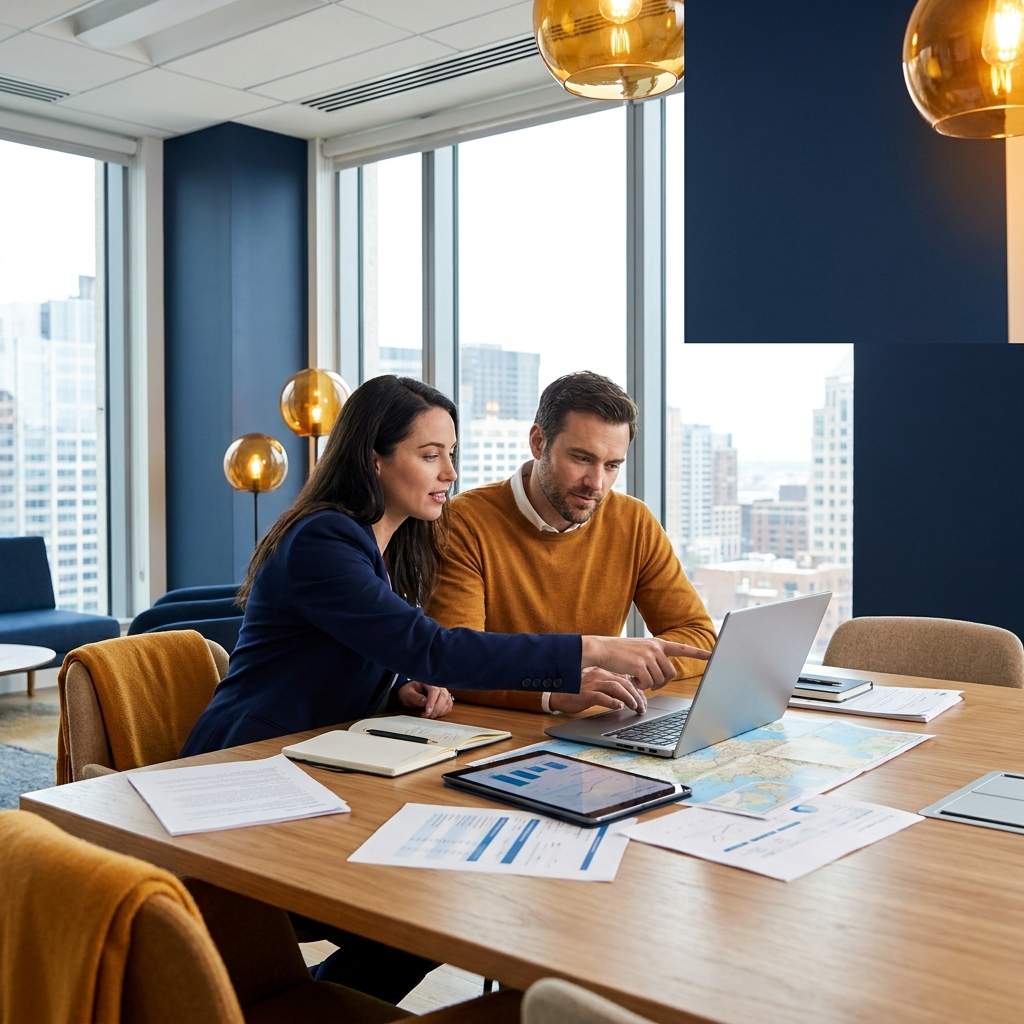 An AE and a partner manager planning a nearbound pipeline play around a trusted partner who already holds the buyer relationship, deep navy and warm amber palette