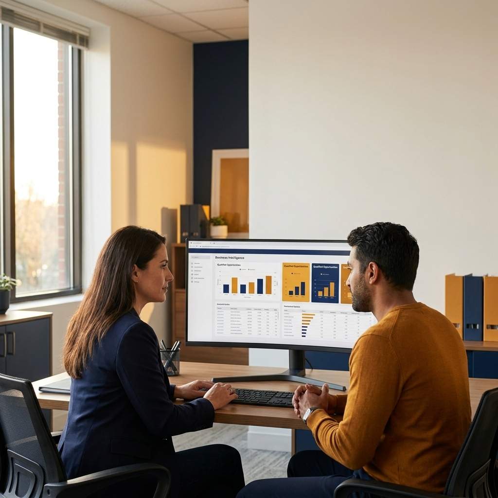A VP of sales and a lead-gen vendor reviewing a pipeline sourced report on a monitor, qualified opportunities highlighted, deep navy and warm amber palette