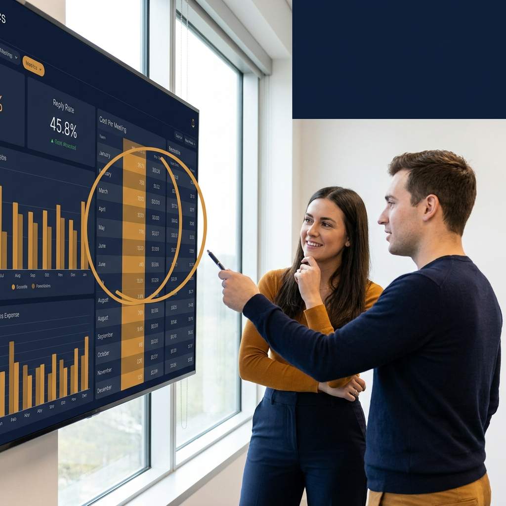An SDR manager and a RevOps analyst reviewing an outbound metrics board showing reply rate and cost per meeting, one column circled, deep navy and warm amber palette