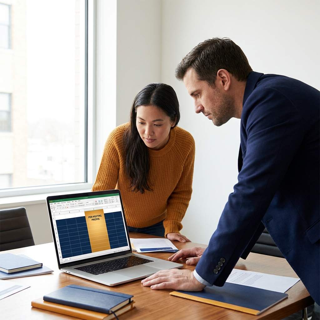 A VP of sales and an operations lead reviewing an outbound outsourcing provider shortlist on a laptop, a per-meeting pricing column highlighted, deep navy and warm amber palette