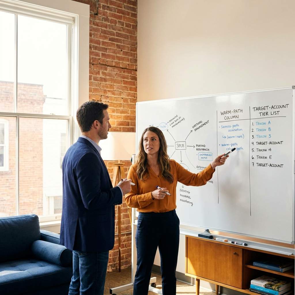 A sales leader and an SDR manager mapping an outbound sales strategy on a whiteboard, a target-account tier list and a warm-path column visible, deep navy and warm amber palette
