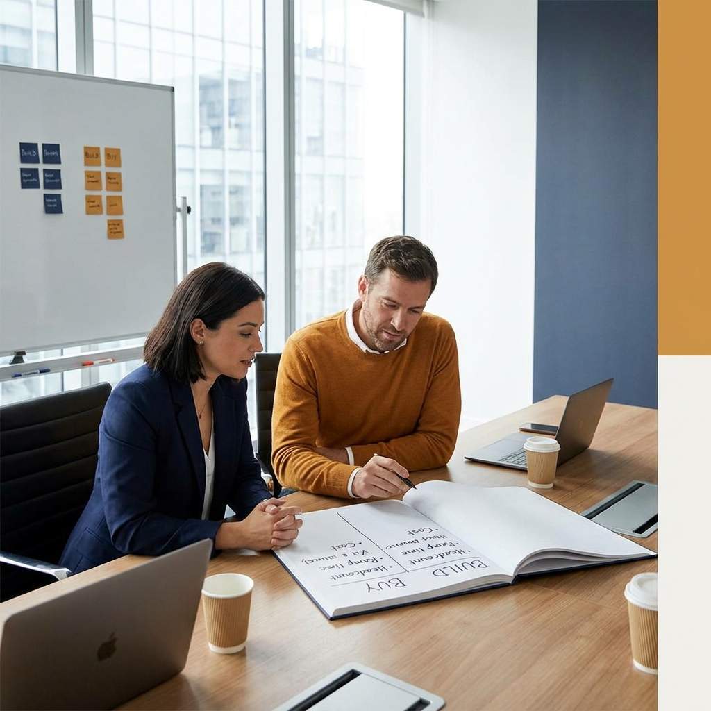 A revenue leader and a founder weighing build versus buy for the sales development function on a two-column plan, headcount and ramp noted, deep navy and warm amber palette