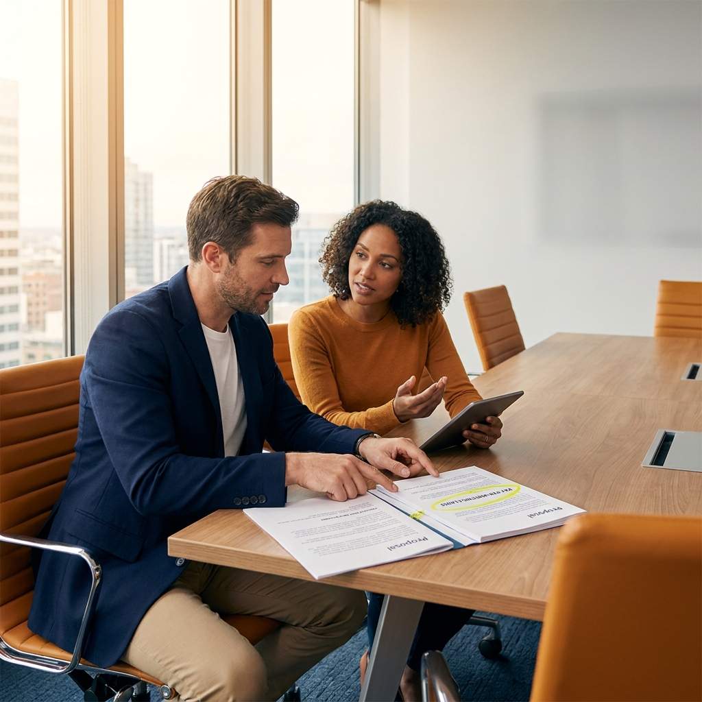 A VP of sales and a finance partner comparing two outsourced SDR proposals side by side on a table, a pay-per-meeting clause highlighted, deep navy and warm amber palette