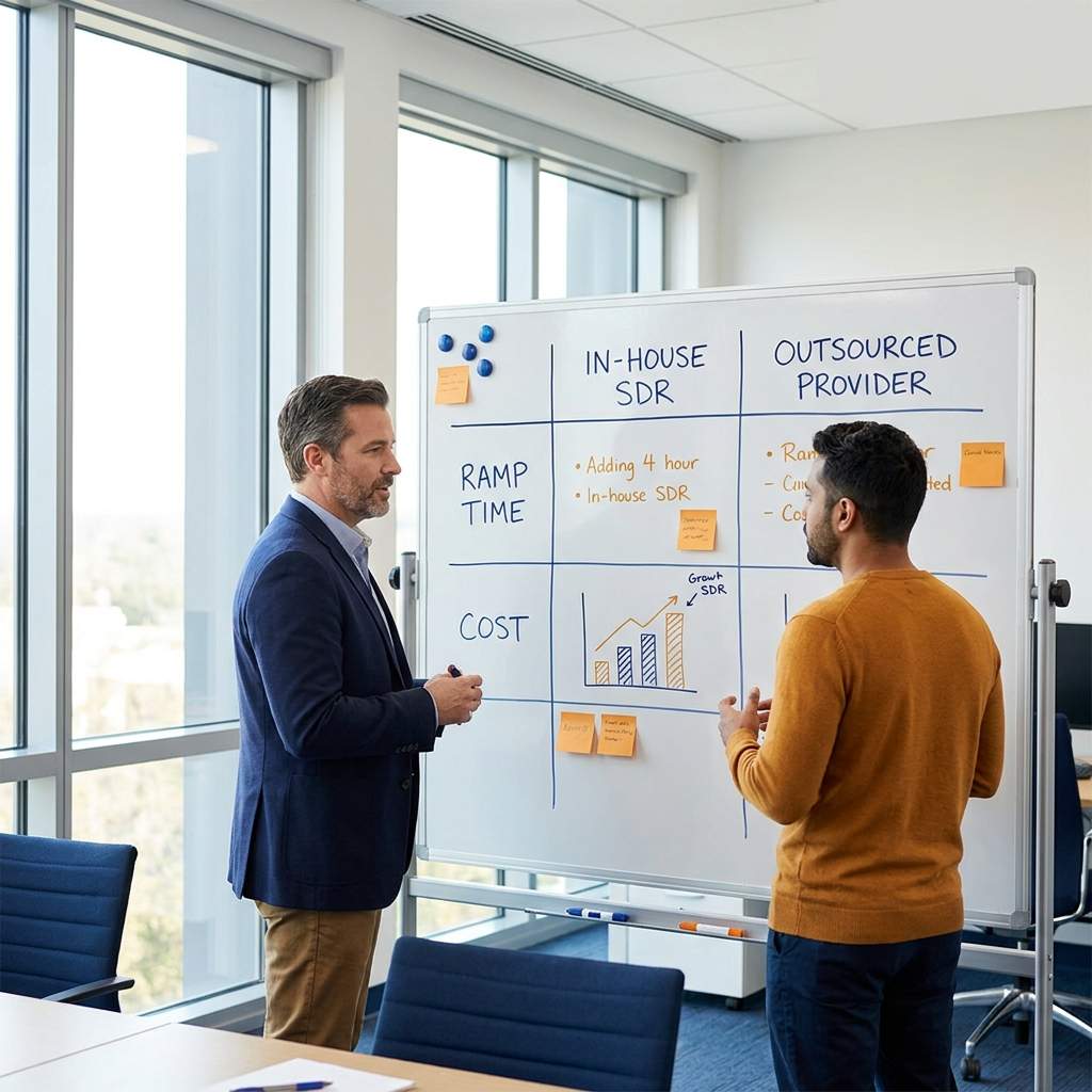 A sales leader comparing an in-house SDR hire against an outsourced SDR provider on a whiteboard decision grid, ramp time and cost noted, deep navy and warm amber palette