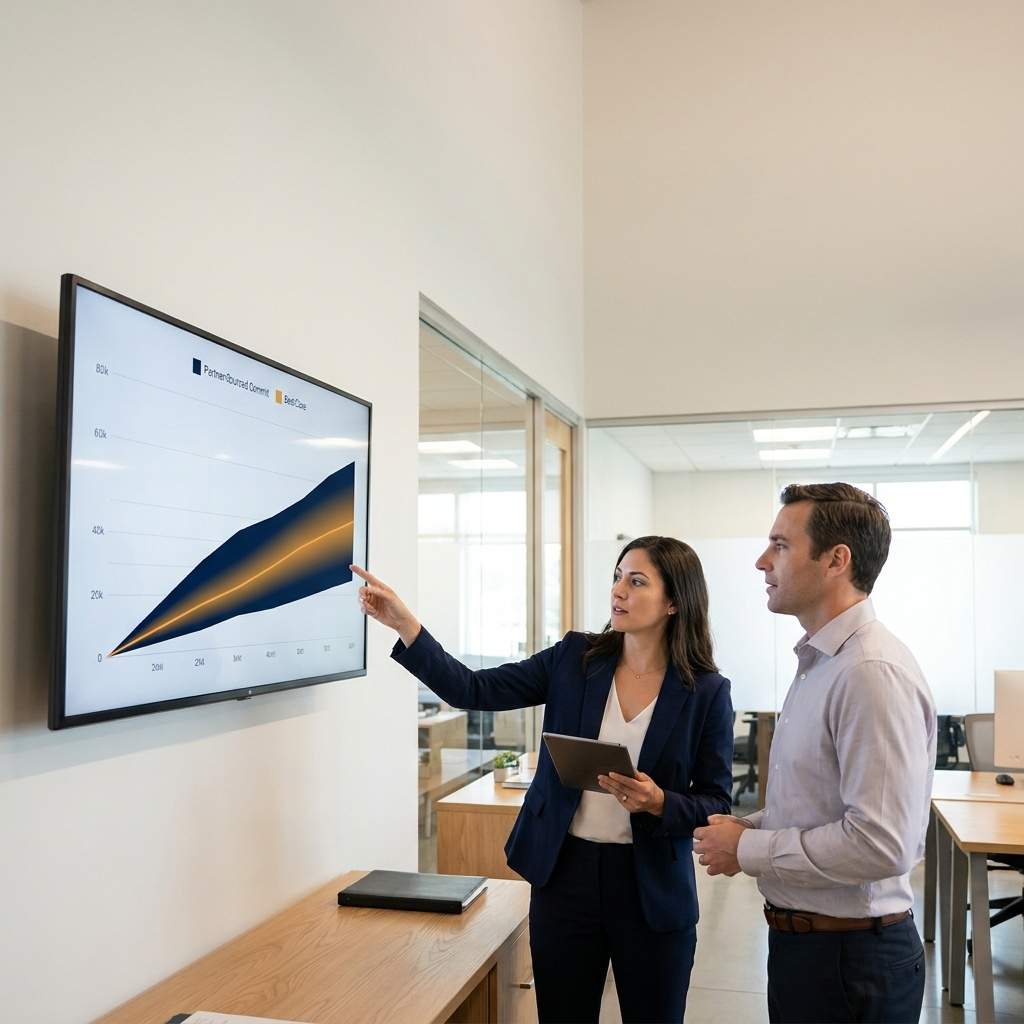 A partnerships leader walking a CRO through a partnership pipeline forecast on a wall monitor showing partner-sourced commit and best-case bands, deep navy and warm amber palette