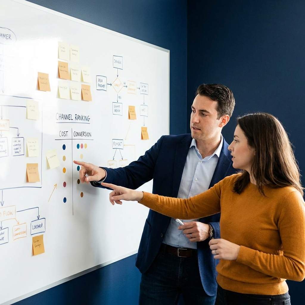 A revenue leader and a partnerships lead planning a pipeline generation engine on a wall board, channels ranked by cost and conversion, deep navy and warm amber palette