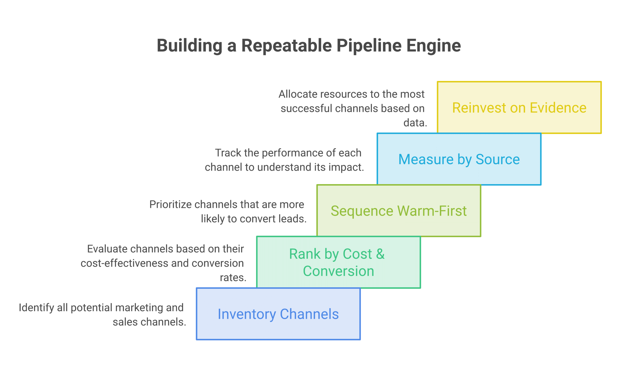 Pipeline generation strategy framework diagram showing channel inventory, cost and conversion ranking, warm-first sequencing, measurement by source, and reinvestment as a repeatable engine, deep navy and warm amber palette