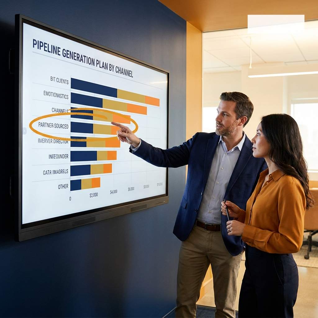 A CRO and a demand gen lead reviewing a pipeline generation plan by channel on a wall monitor, the partner-sourced row circled, deep navy and warm amber palette