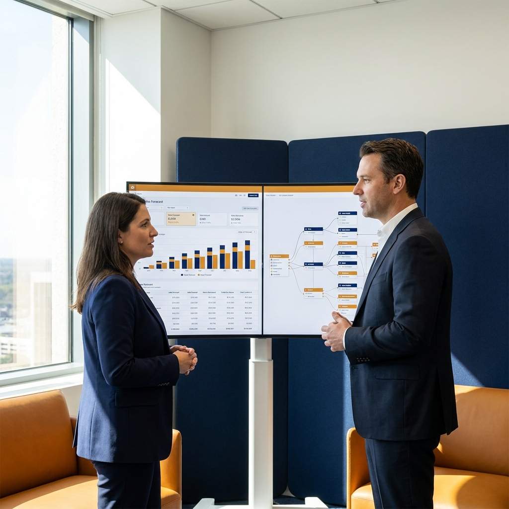A RevOps director and a CRO comparing revenue operations platform options on a monitor, a single forecast and a data model open side by side, deep navy and warm amber palette