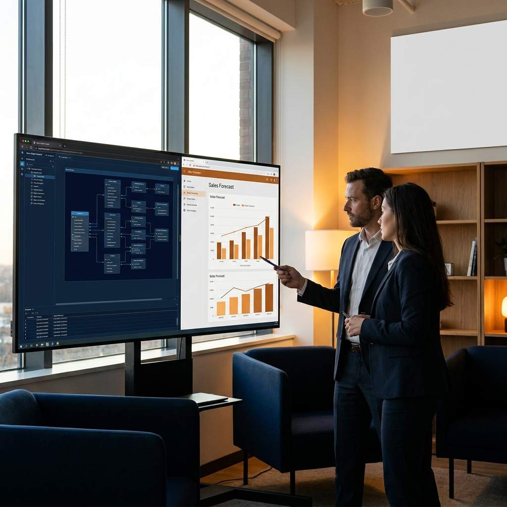 A RevOps lead and a sales leader comparing revenue operations software categories on a monitor, a data model diagram and a forecast open side by side, deep navy and warm amber palette
