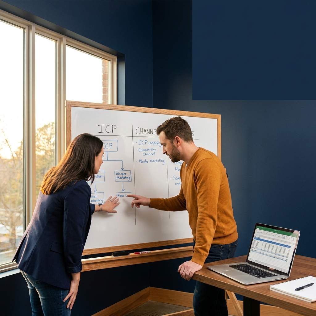 A SaaS founder and a head of sales mapping a go to market motion on a whiteboard with ICP and channel columns, a laptop forecast open beside them, deep navy and warm amber palette