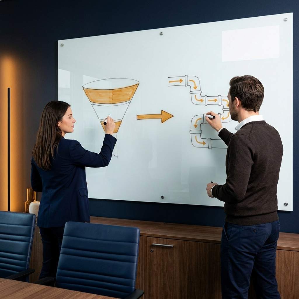 Two professionals draw a business funnel and workflow diagram on a whiteboard in a meeting room.