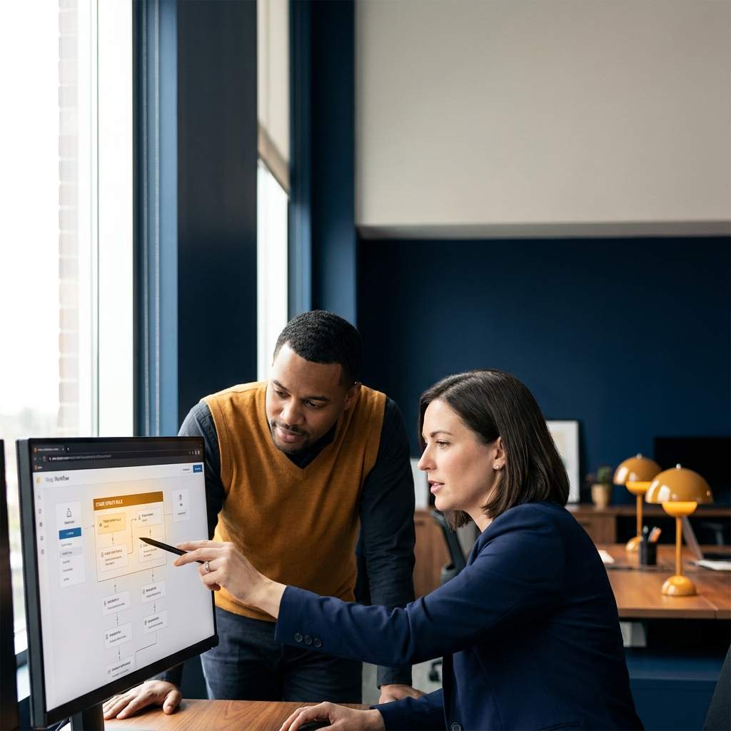 A sales ops lead walking a sales manager through an automated pipeline workflow on a monitor, a stage-update rule highlighted, deep navy and warm amber palette