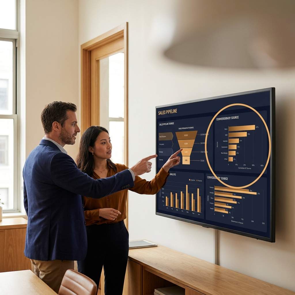 A CRO and a sales ops analyst reviewing a sales pipeline dashboard on a wall monitor, the conversion-by-source panel circled, deep navy and warm amber palette