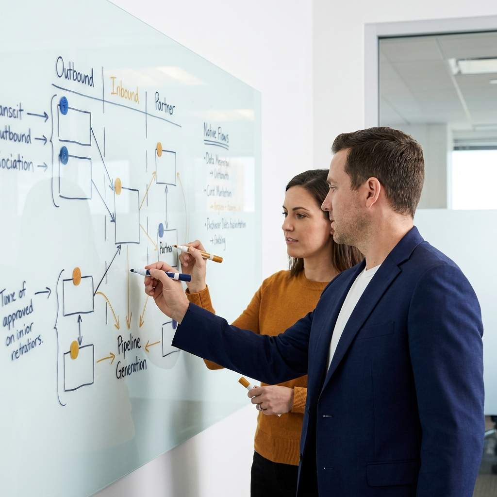 A head of sales and a partnerships lead at a whiteboard mapping sales pipeline generation across outbound, inbound, and partner channels, deep navy and warm amber palette