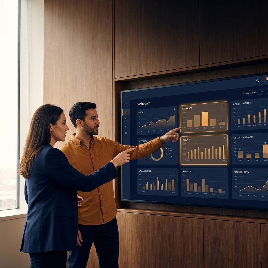 A CRO and a RevOps lead setting KPI target thresholds on a pipeline dashboard in a boardroom, the coverage and velocity tiles highlighted, deep navy and warm amber palette