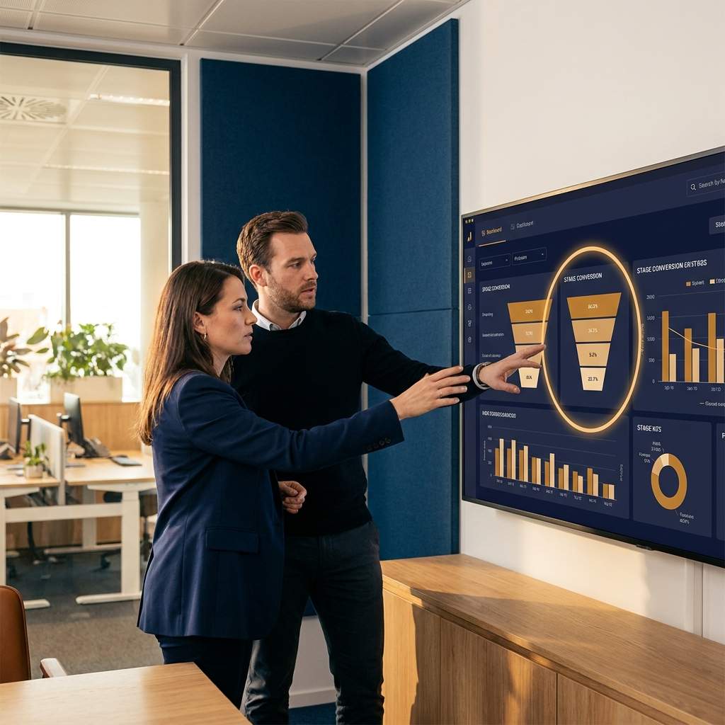 A RevOps lead and a sales manager reviewing a pipeline metrics dashboard on a wall monitor, the stage-conversion column circled, deep navy and warm amber palette