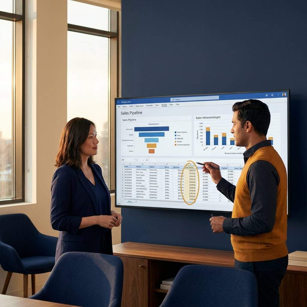 A RevOps lead and a CRO reviewing a sales pipeline report on a wall monitor with one source column circled, deep navy and warm amber palette