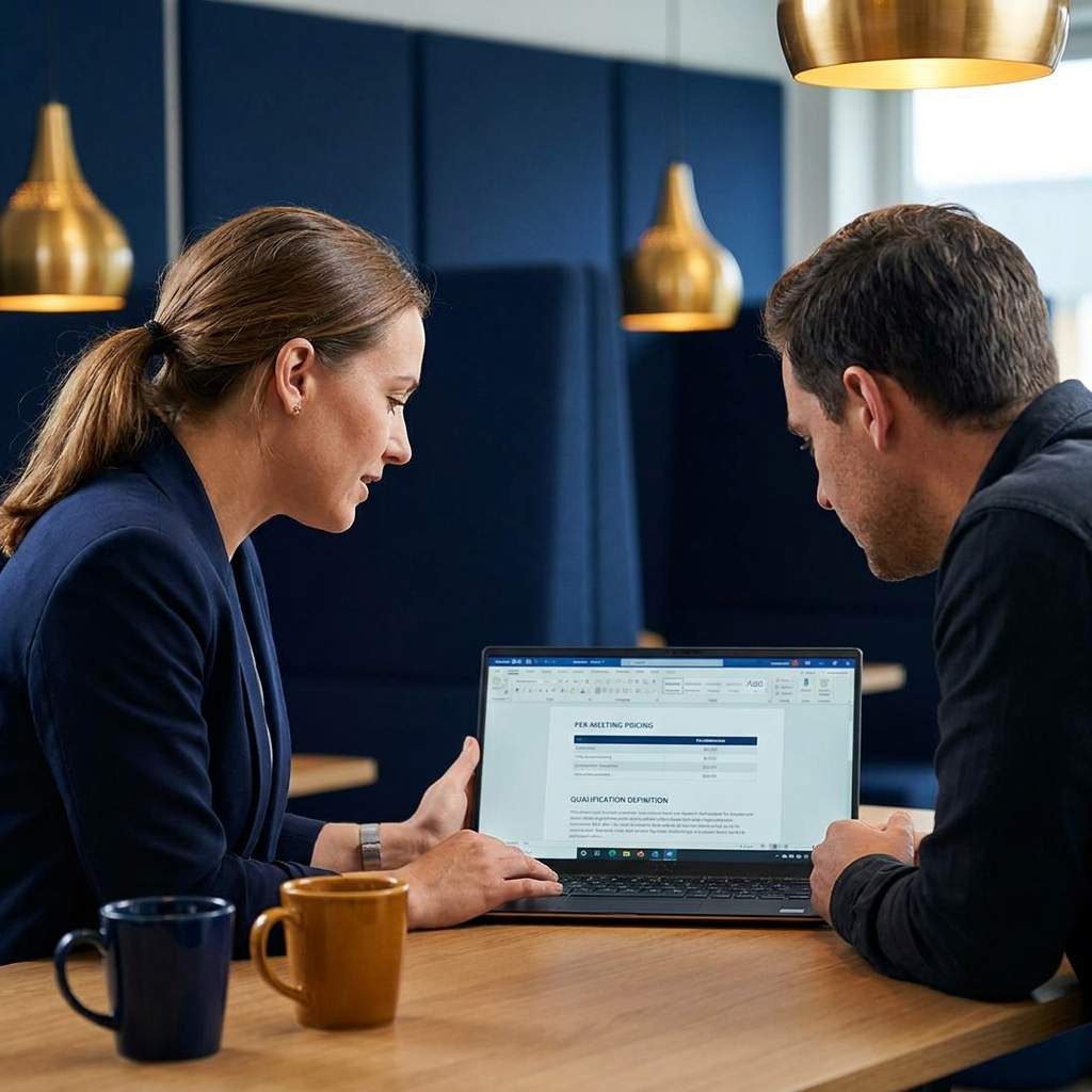 A VP of sales and a RevOps lead reviewing an SDR agency proposal on a laptop, a per-meeting pricing line and a qualification definition visible, deep navy and warm amber palette