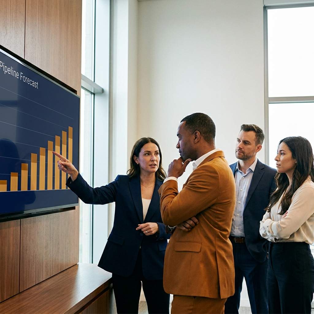 A revenue operations leader walking a CRO through a single pipeline forecast on a wall monitor while a sales and a marketing lead watch, deep navy and warm amber palette